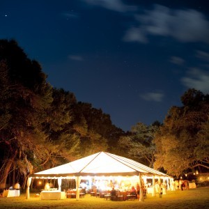 illuminated party tent at night