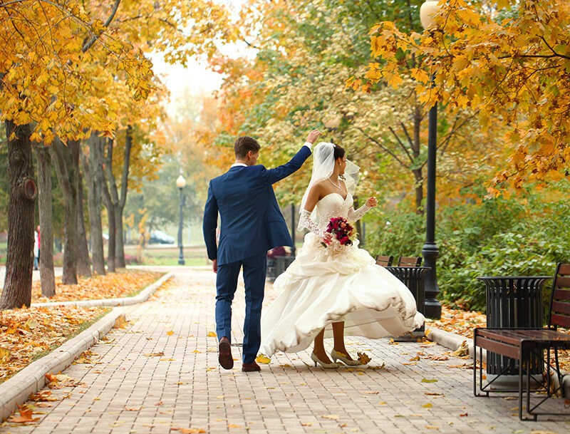 Happy Bride and groom, on background autumn park