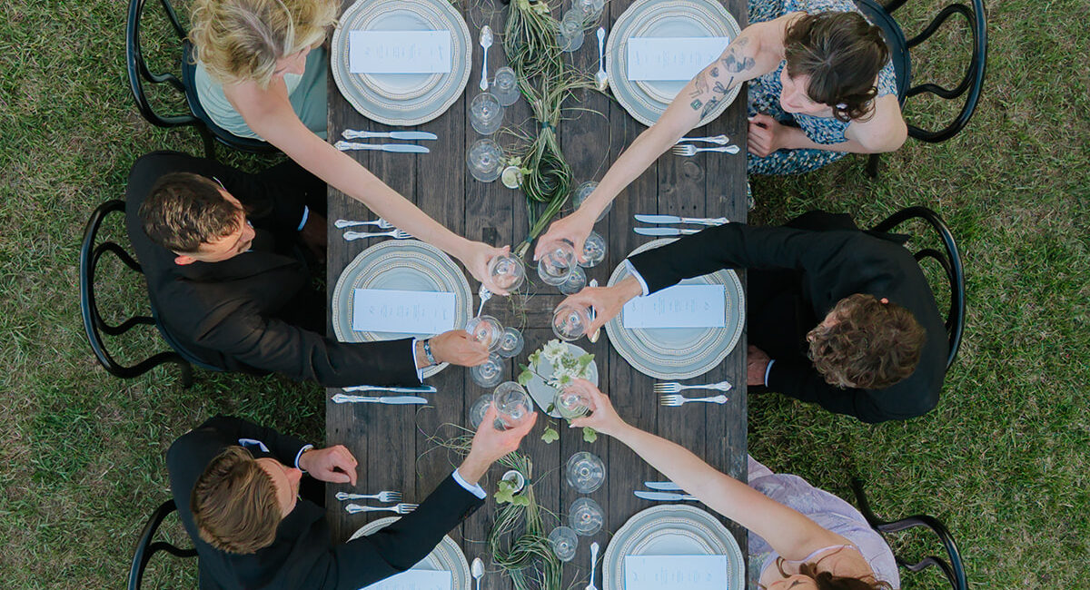 Overhead shot of eight people around a rustic wooden table on grass, toasting with wine glasses during an outdoor dinner party.