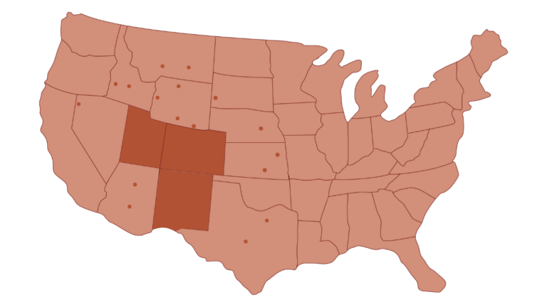 Color-coded US map with most states in light red and two central-southwest states shaded darker brown; several brown dots mark data points across multiple states.