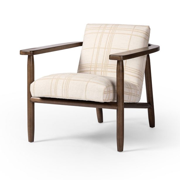 Cream plaid upholstered lounge chair rental