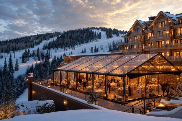Glass structure tent glowing at night in front of snowy mountains